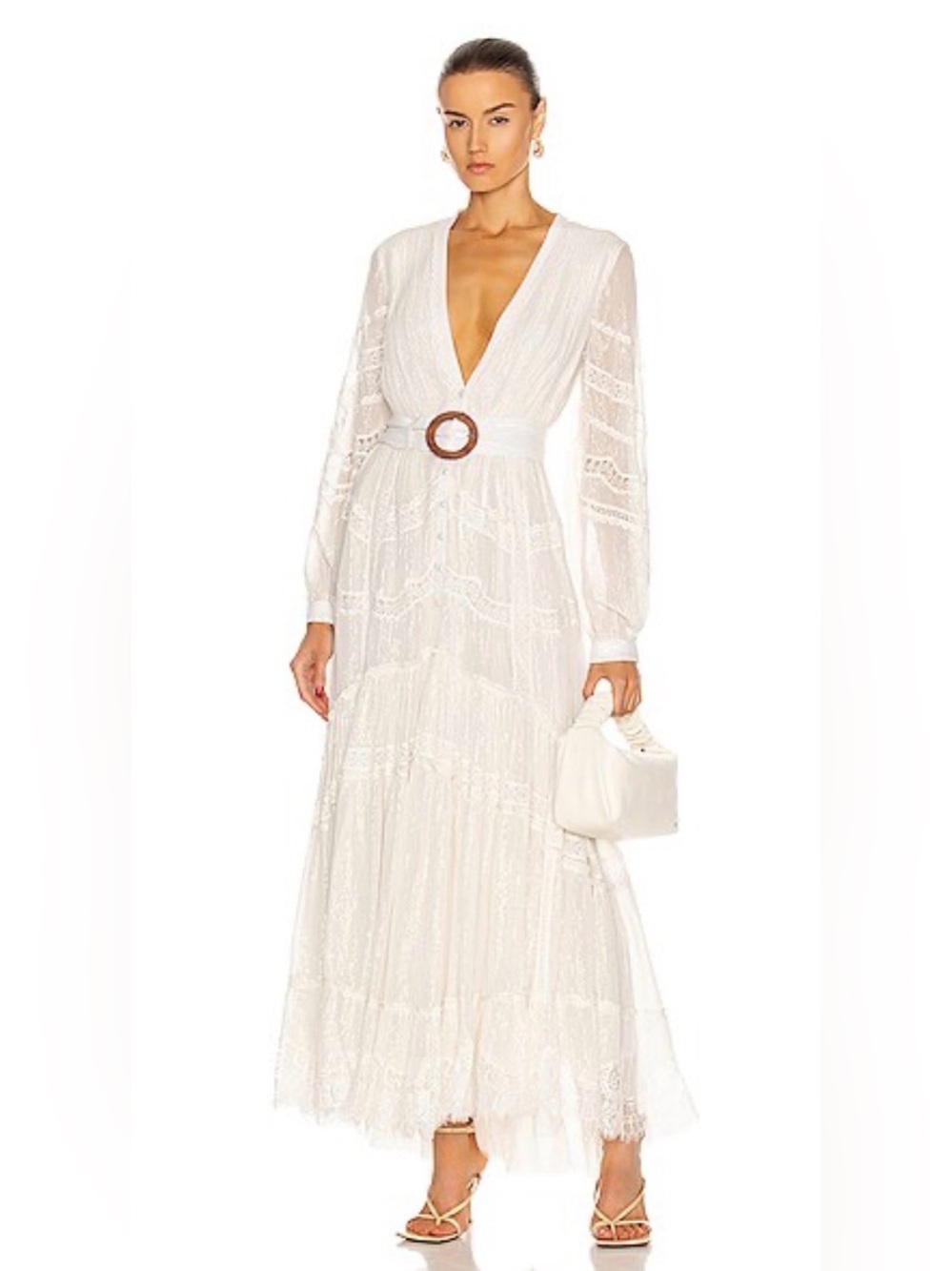 Rococo Sand Ivory Plunging Lace Maxi Dress with Ring Belt